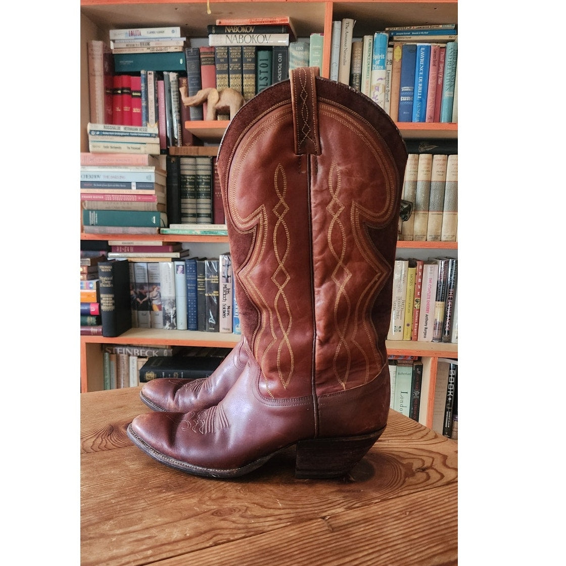 Vintage Dan Post Women's Cowboy Boots Embroidered Brown Leather & Suede Size 7 1/2