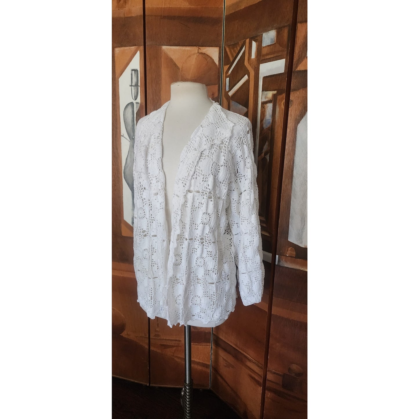 Vintage Crochet Blazer White Openwork Knit Cardigan Jacket w/Collar