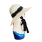 Vintage 90s Linda Campisano Cream Straw Hat Black Sash Tie