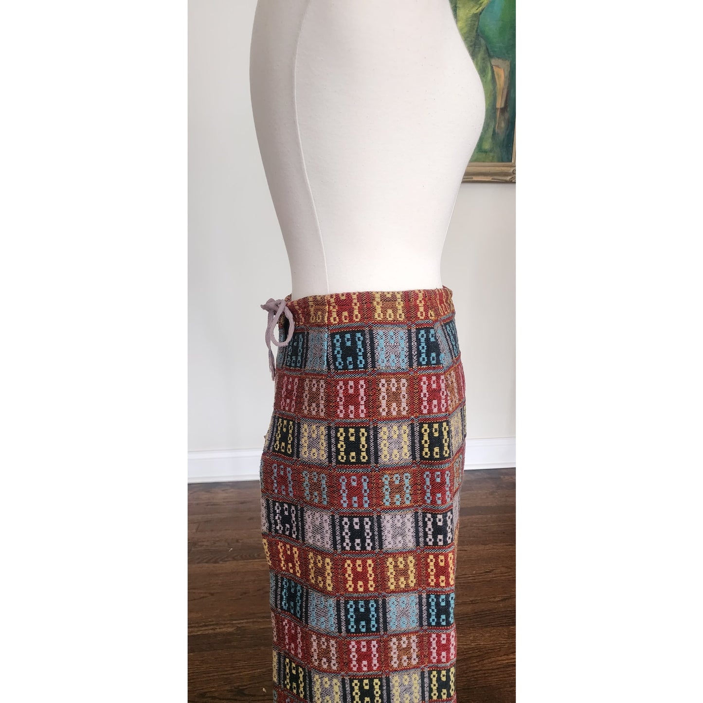 Vintage Folk Costume Apron Skirt Tapestry Weave Style Red Blue Patchwork