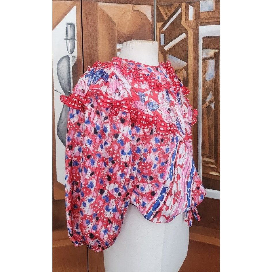 Vintage 80s Diane Freis Blouse Bold Print Poly Georgette Ruffles Pink Red