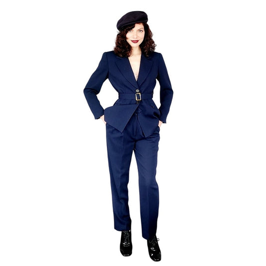 Vintage 90s Navy Blue Pant Suit w/Belted Blazer Kasper /S