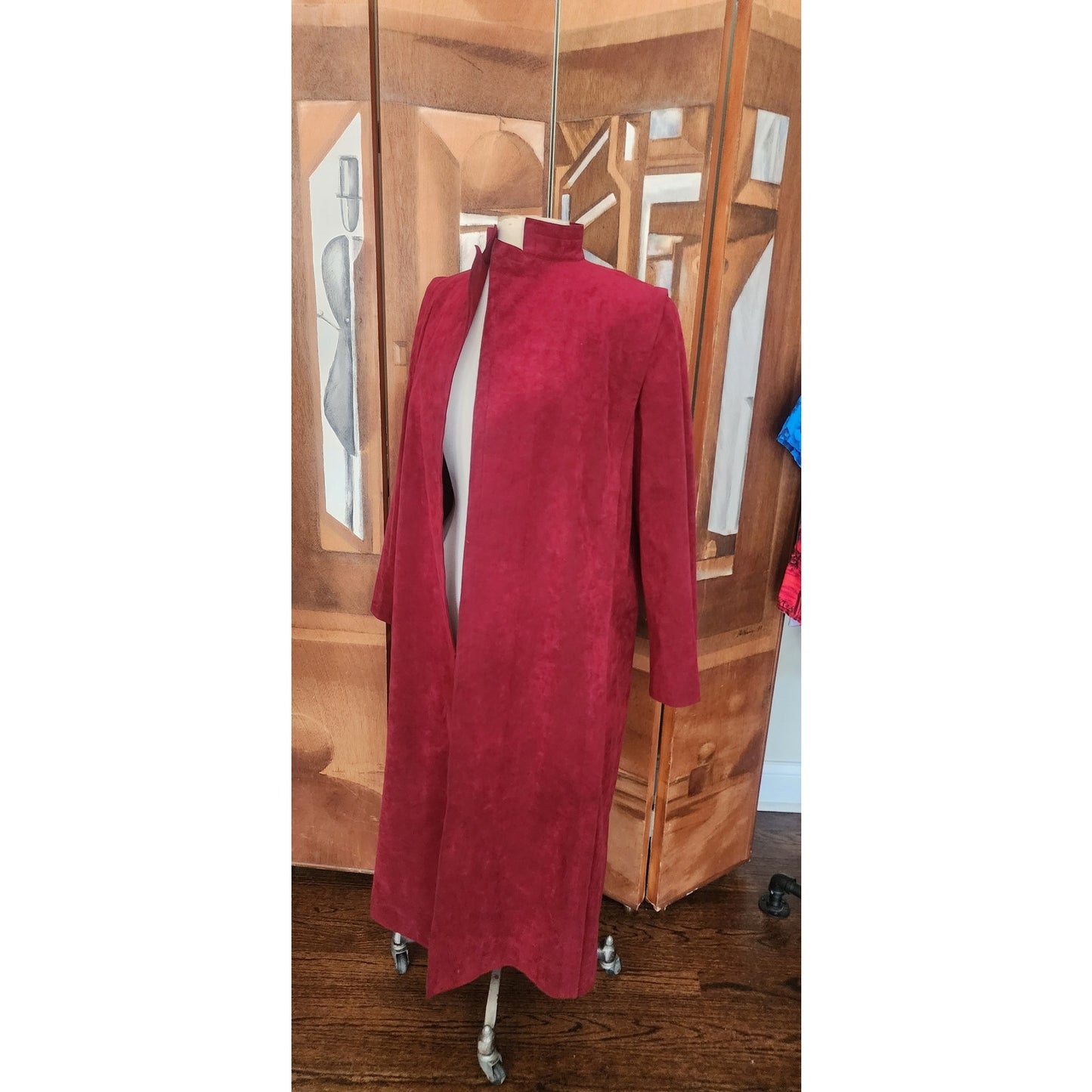 Vintage 1970s Pauline Trigère Ultrasuede Coat Burgundy Red Maxi Trench