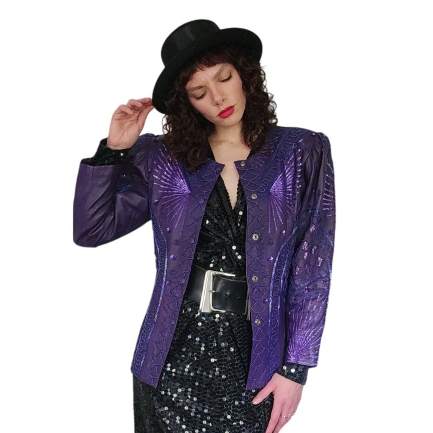 Vintage 1980s Purple Leather Blazer Beaded Sequined Jacket French Collizioni / M