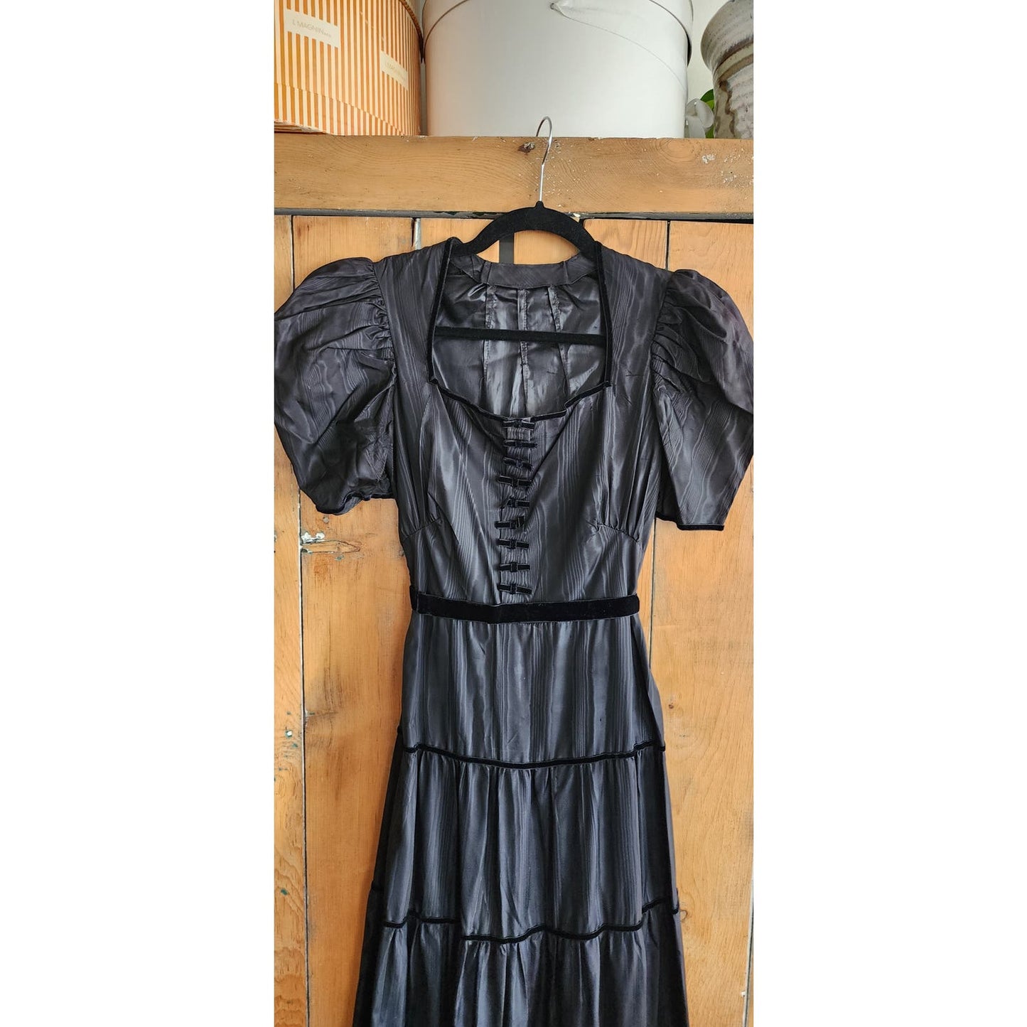 Vintage 30s Black Evening Dress Waterfall Taffeta Short Puffed Sleeves