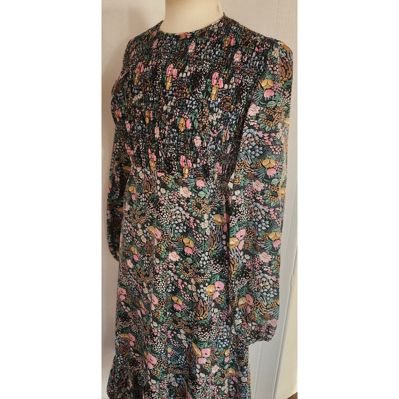 Vintage 70s Floral Print Boho Dress Long Sleeves Leslie J / M