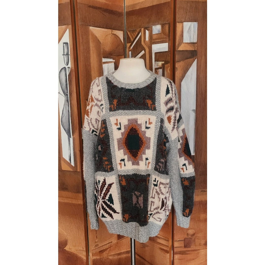Vintage 1990s Lord & Taylor Ski Sweater Southwestern Geometric Intarsia Gray Wool