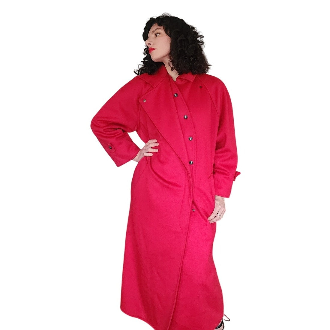 Vintage 1980s Red Wool Coat Long w/Belt Ramosport Paris