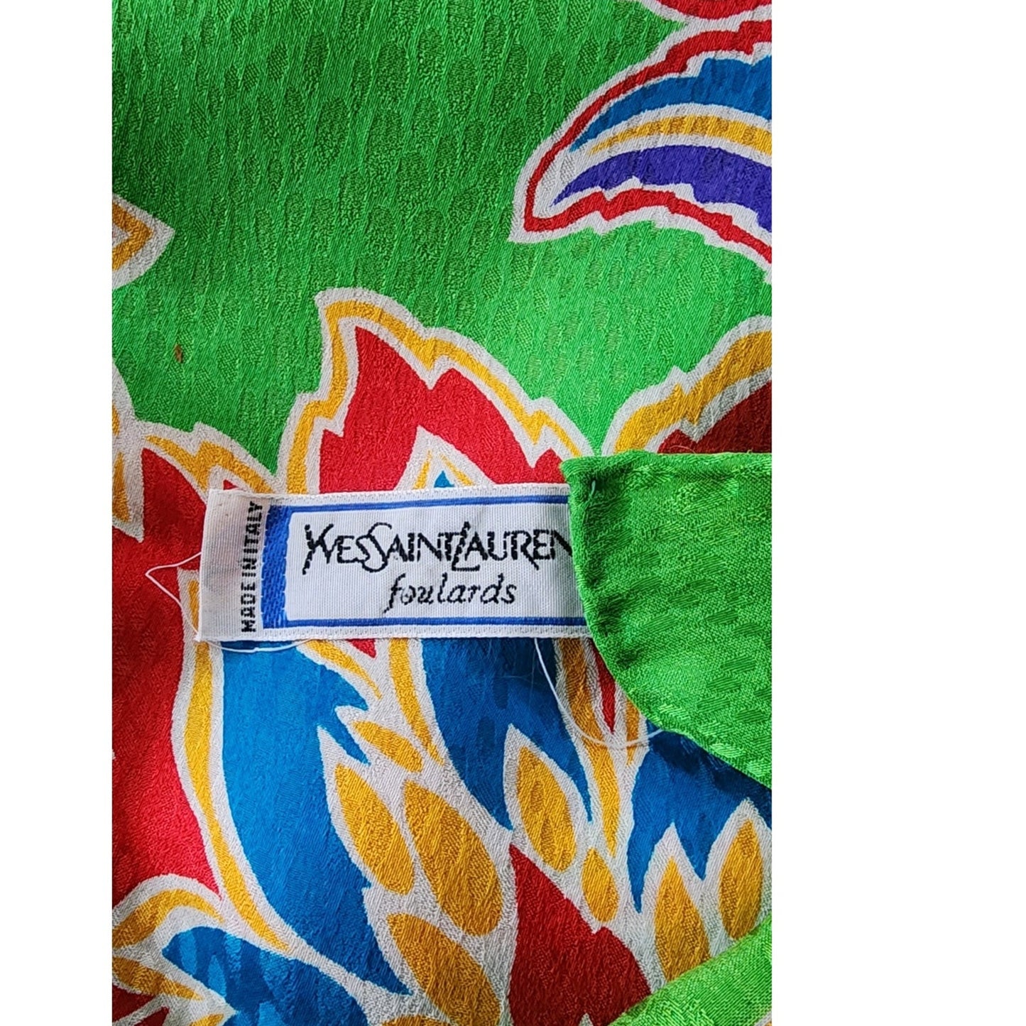 Vintage YSL Scarf Silkprint Square Floral Paisley Green Yves Saint Laurent 70s 80s