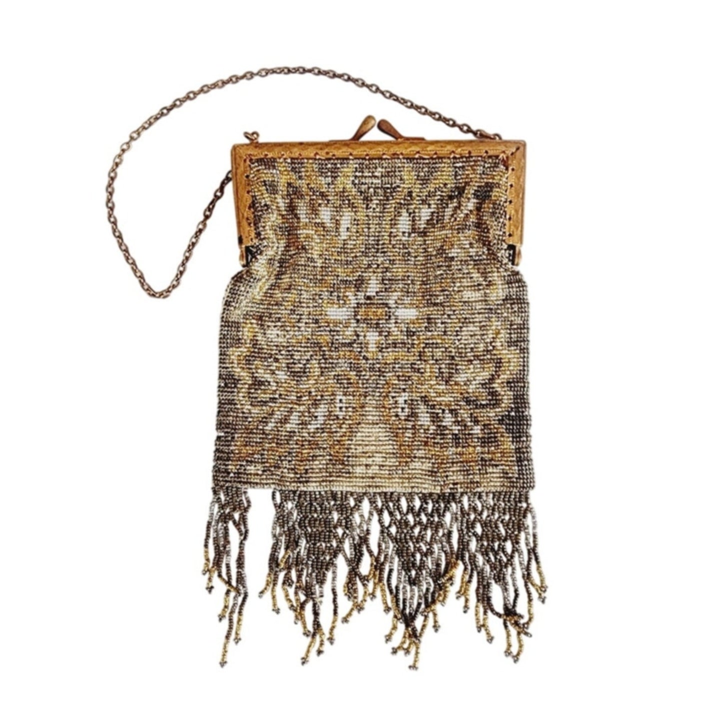 Antique Beaded Bag Shimmering Metallic Gold Silver Fringe Edwardian Art Nouveau France