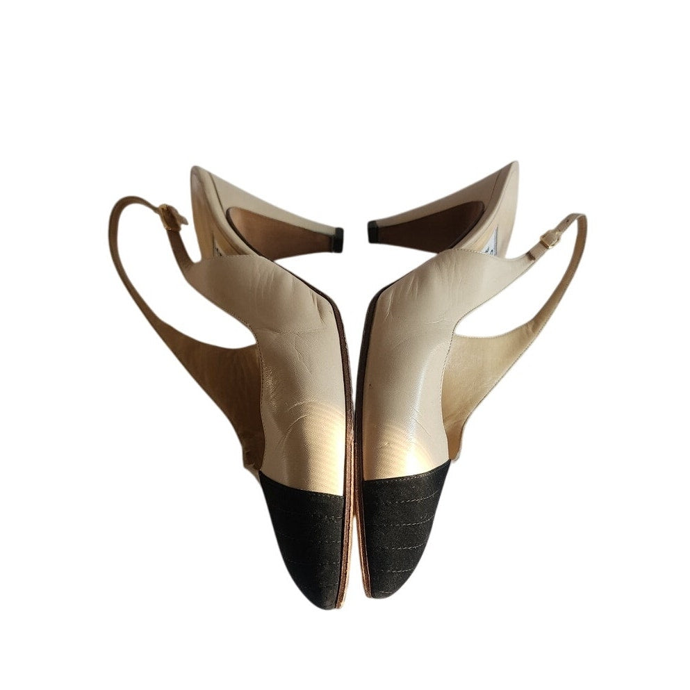 Vintage 1990s CELINE Paris Slingback Shoes Two Toned Black Cream Kitten Heel 7.5