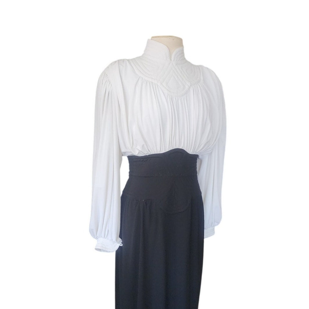 Vintage 80s Neo Edwardian Dress White Ruched Top Black Skirt Long Sleeves / M