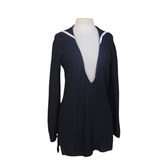 Vintage 90s Sonia Rykiel Tunic or Mini Dress Navy Blue Knit Sailor Collar Long Sleeved 42
