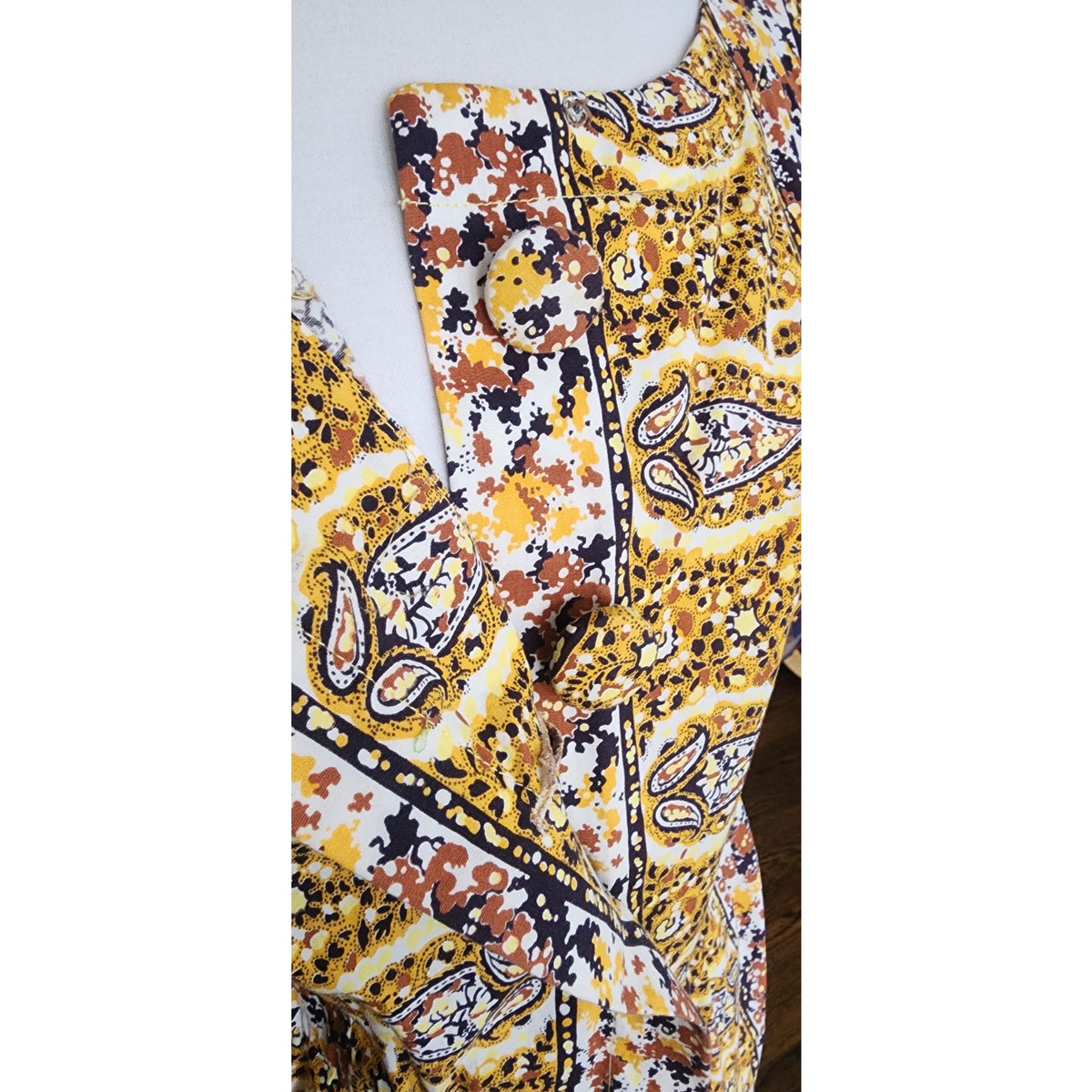 Vintage 1950s Day Dress Yellow Cotton Print Paisley Shirtdress Short Sleeve / M