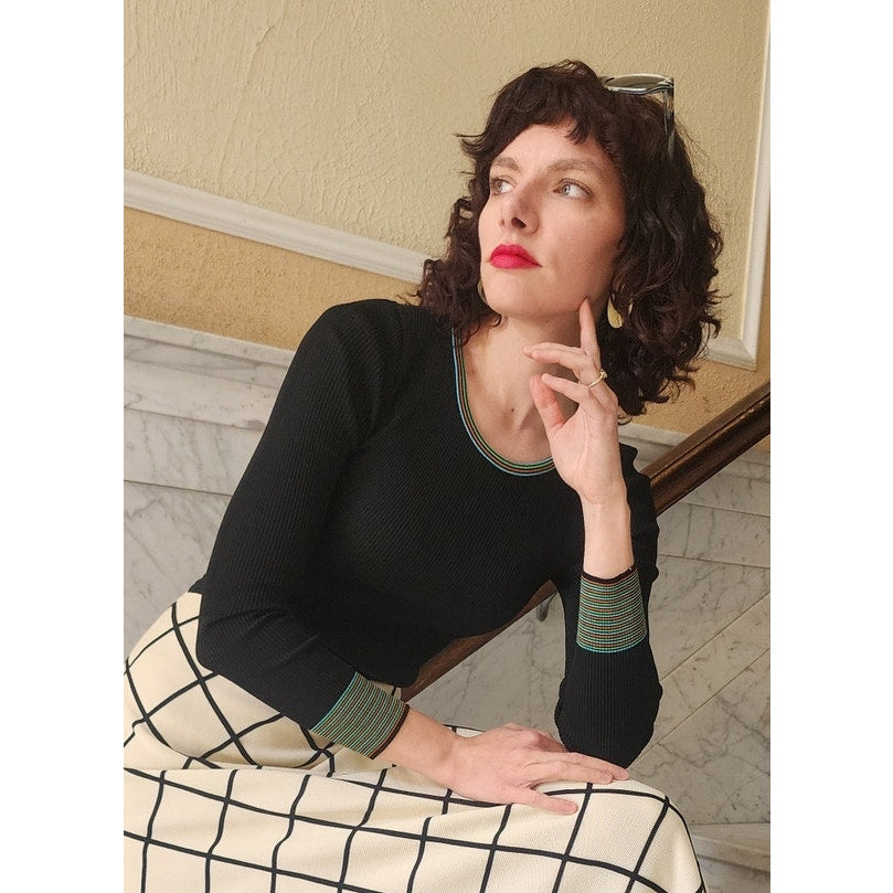 Vintage 70s Boho Maxi Dress Black Knit Top Cream Windowpane Skirt Floral Crissa Italy