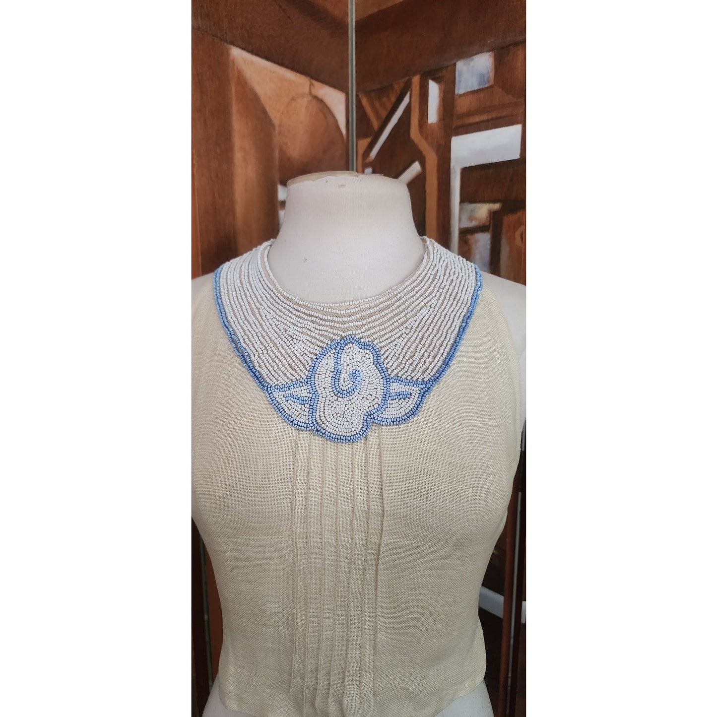 80s Krizia Top Cream Flax Linen Sleeveless Beaded Blue Rose Peter Pan Collar