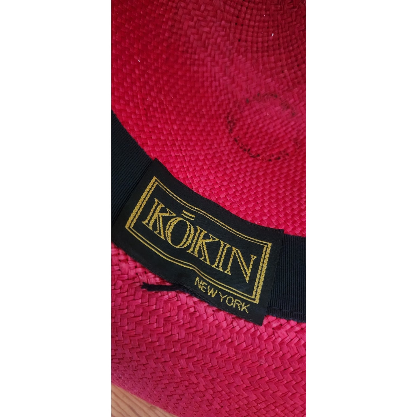 Vintage 1980s Kokin Hat Wide Brim Sun Straw Fuchsia Red Black Summer Oversized