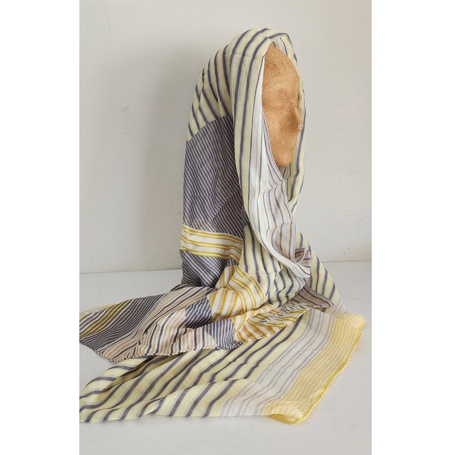 Vintage Nina Ricci Cashmere Silk Scarf Shawl Yellow Gray Stripe