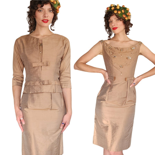 Vintage 50s Beige Silk Dress Suit w/Rhinestones