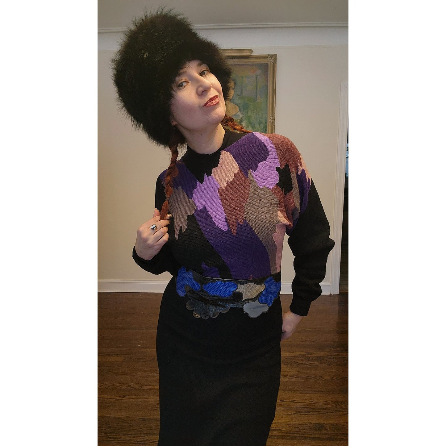 Vintage 1970s Sweater Dress by ADOLFO Saks Fifth Avenue Purple Pink Black Abstract Knit / M