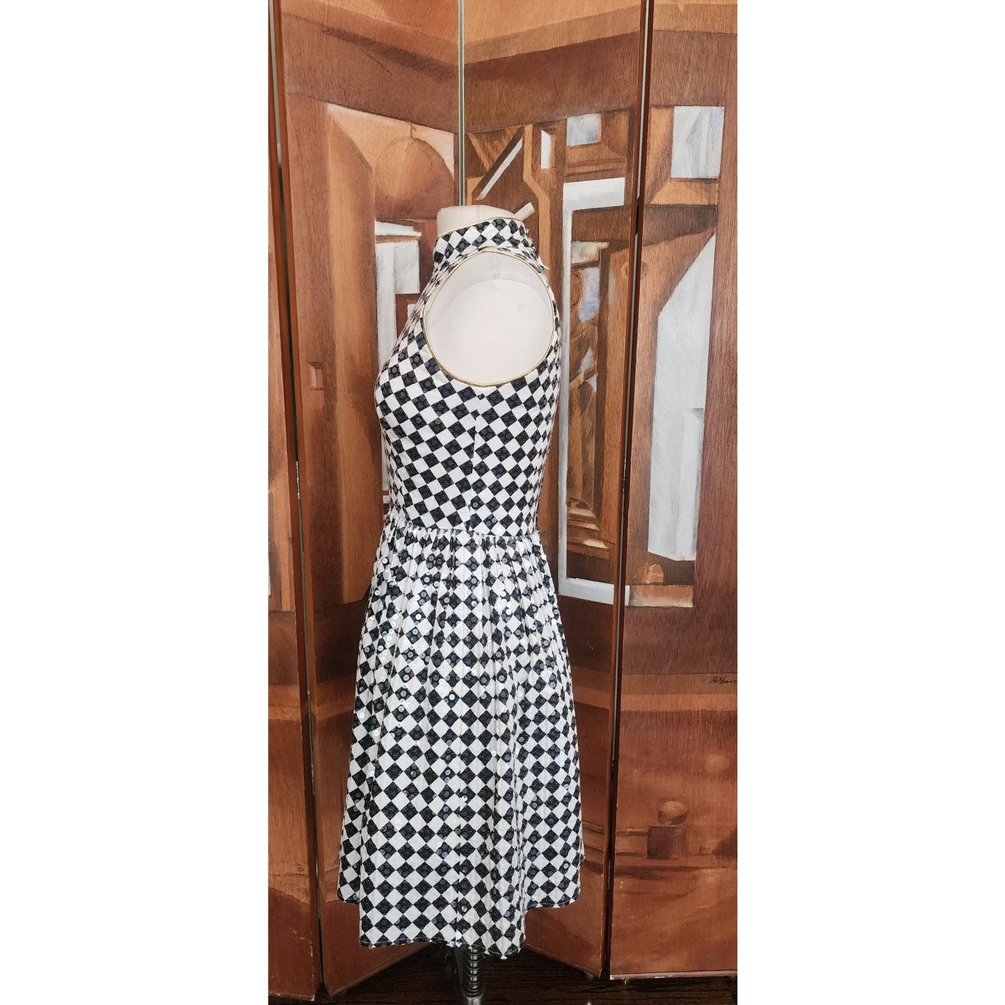 Vintage 80s Morton Myles Dress Mod Black White Checkerboard Print Sleeveless Shift Shiny Clear Sequins
