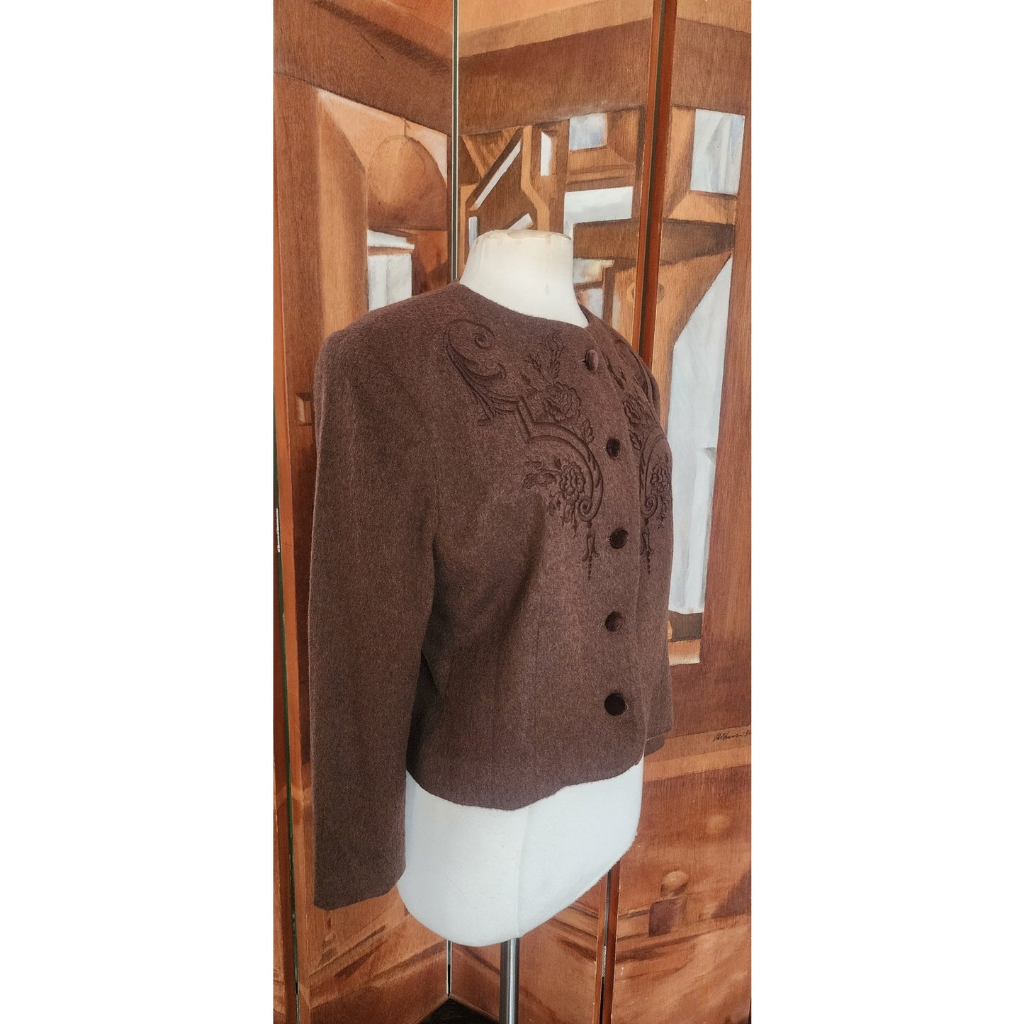 Vintage 1980s Herman Geist Blazer Embroidered Brown wool.
