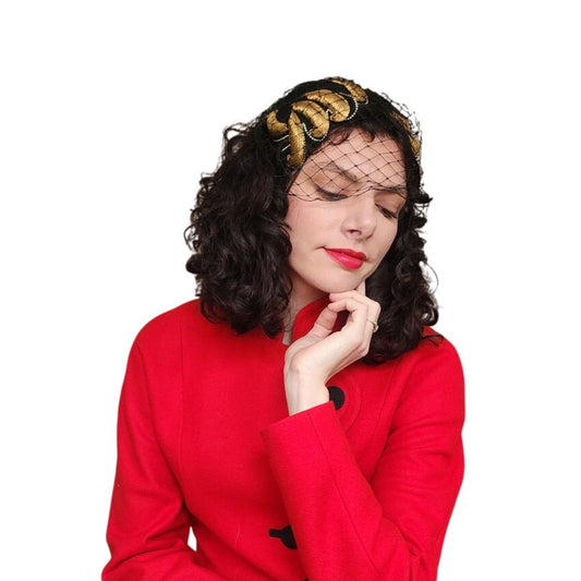 Vintage 1950s Bes-Ben Hat Black Wool Gold Feather Veil Chicago Millinery OOAK