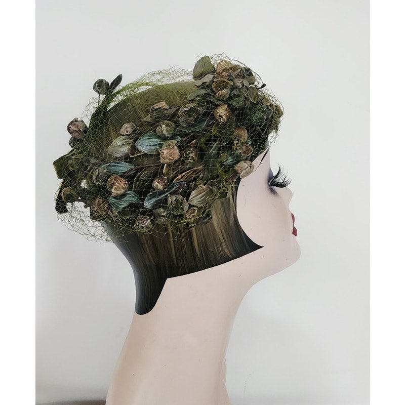 Vintage 1950s Green Hat Floral Fruit Crown Circlet Fascinator w/Veil by Chapette