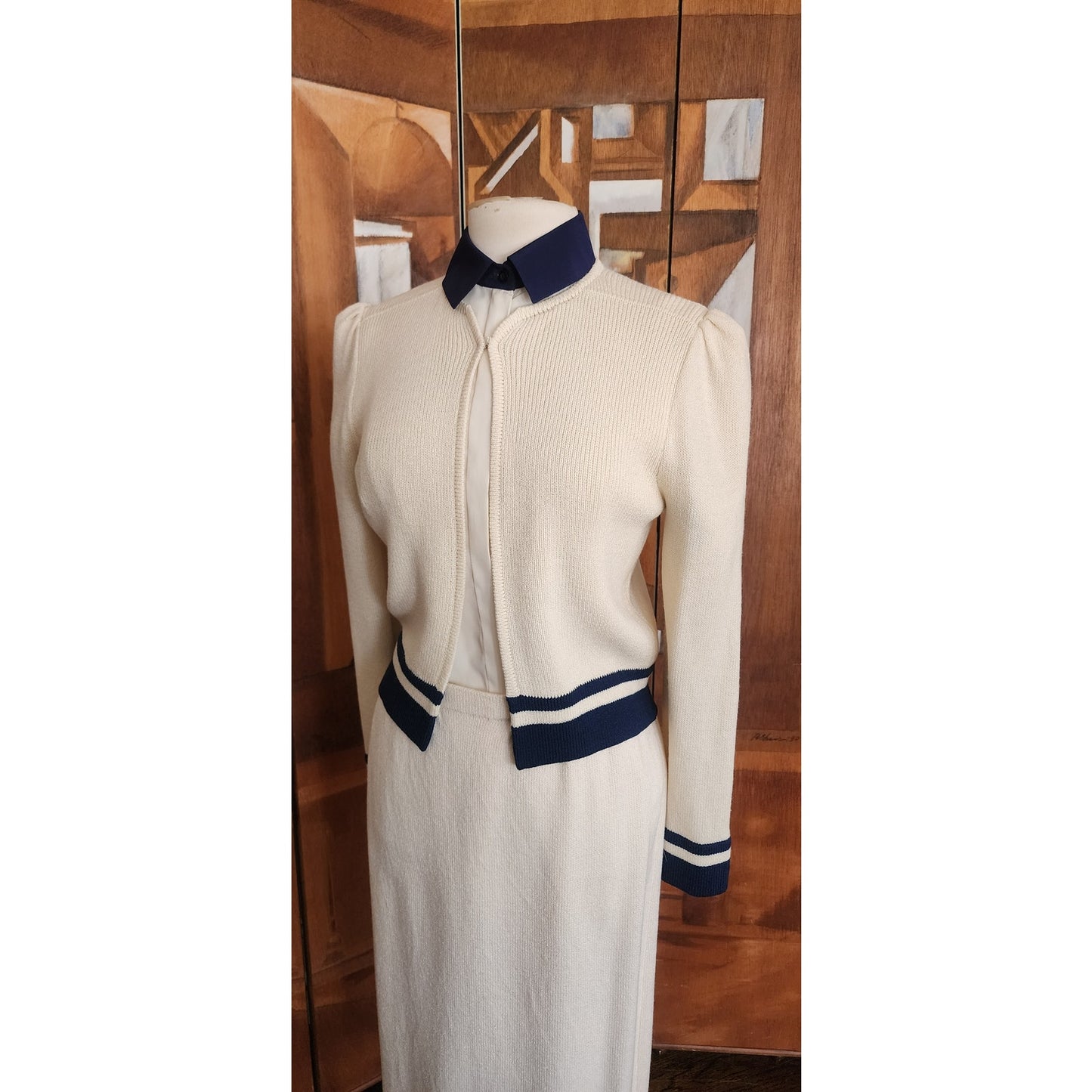 Vintage 70s St John Knit Skirt Suit + Blouse Three Piece Set Cream Navy Blue