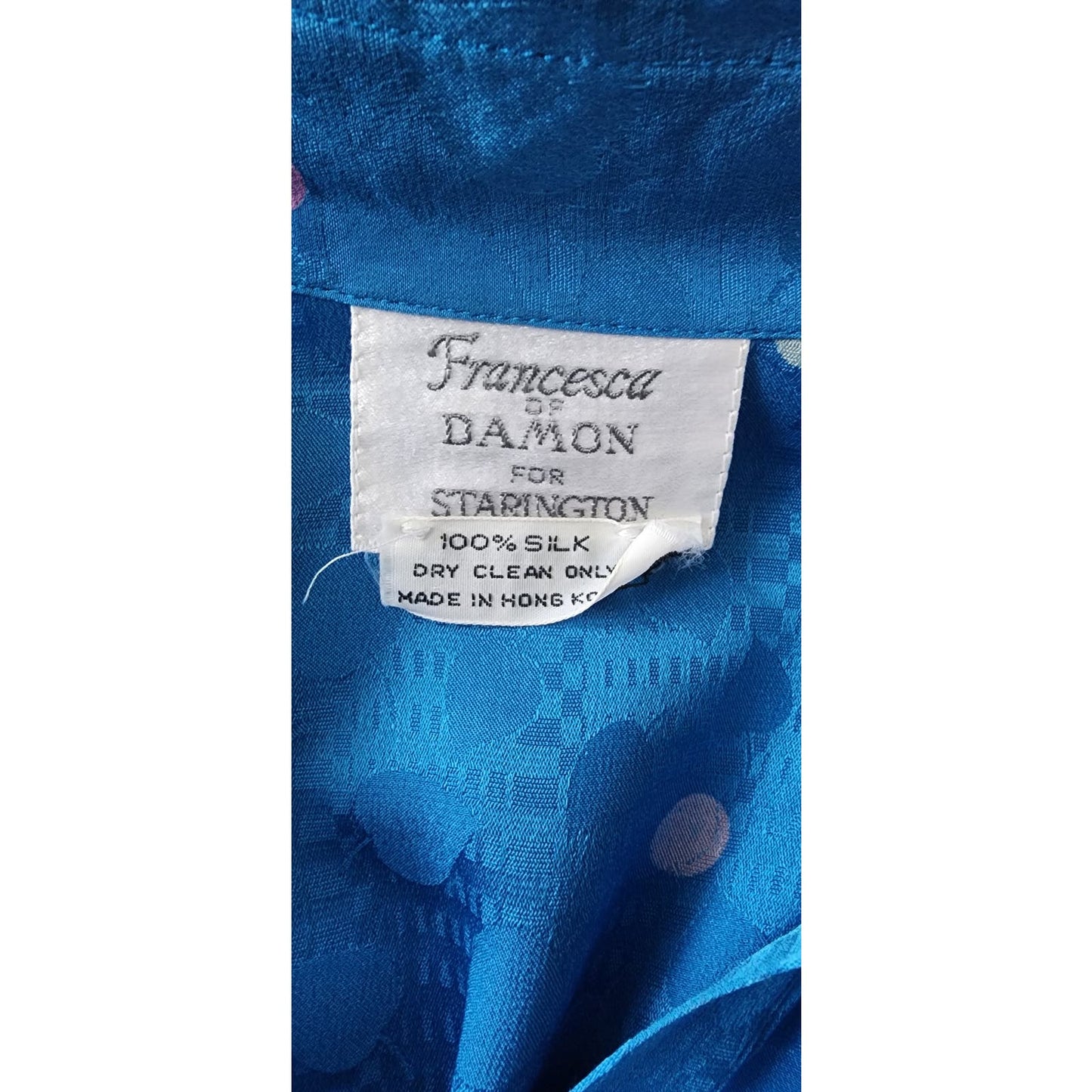 Vintage 80s Blue Silk Dress Polkadot Print Francesca Damon Starington