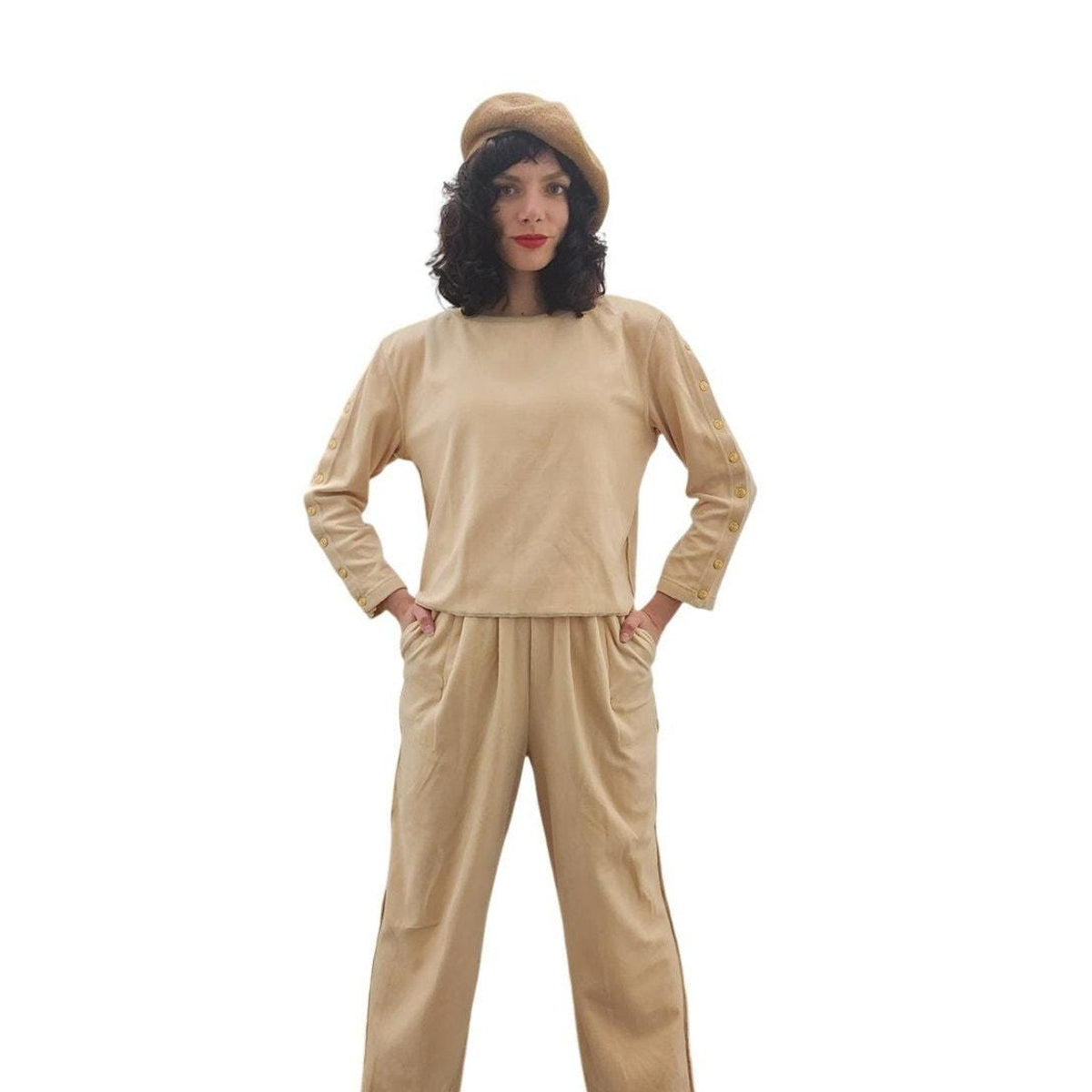 Vintage 1990s Sonia Rykiel Track Suit Beige Velour Gold Logo Buttons Top Pants
