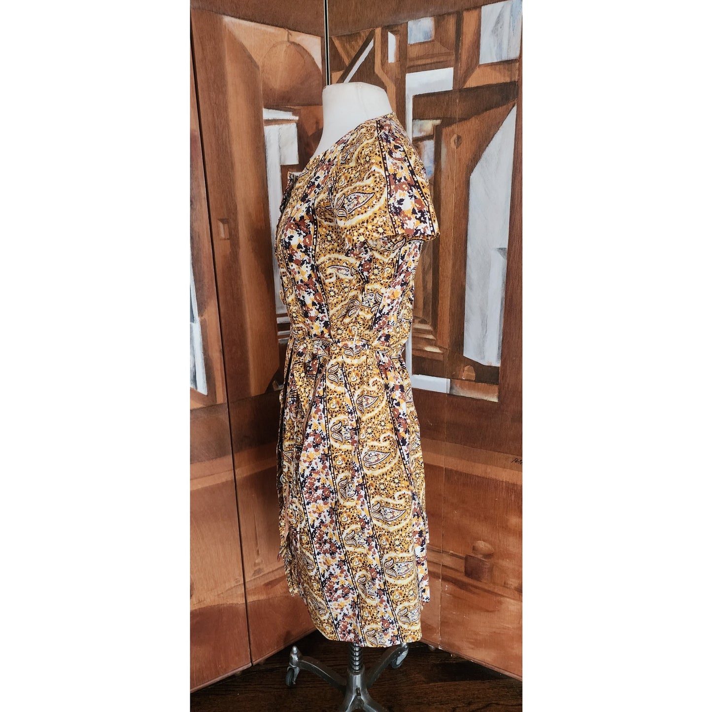 Vintage 50s Cotton Print Day Dress Yellow Black Paisley Print Shirtdress / M