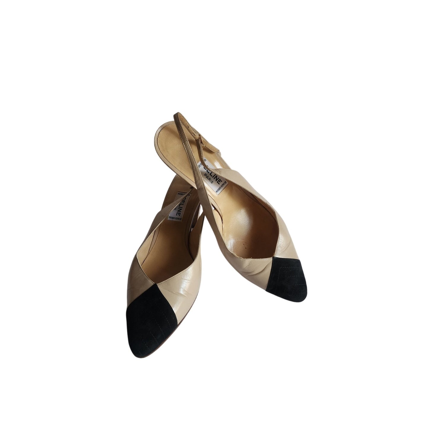 Vintage 1990s CELINE Paris Slingback Shoes Two Toned Black Cream Kitten Heel 7.5