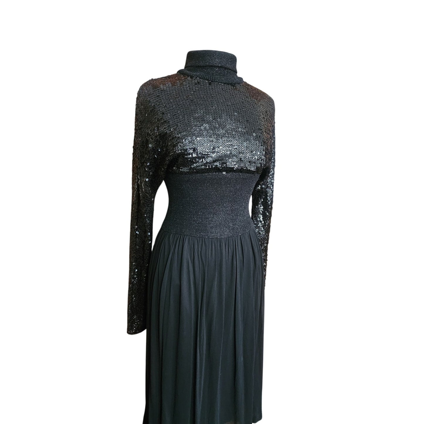 Vintage 1970s Black Maxi Dress Silk Knit Sequined Lurex Pat Sandler Dress Long Sleeve S