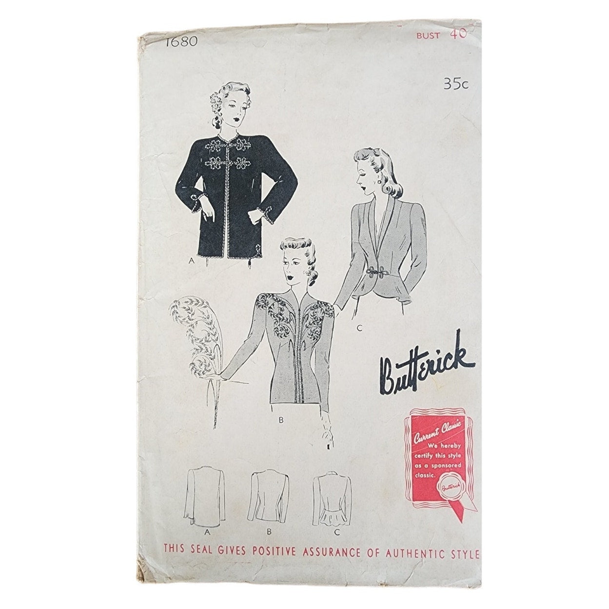 Vintage 40s Sewing Pattern: Womens Evening Jacket Butterick 1680