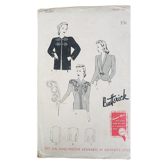 Vintage 40s Sewing Pattern: Womens Evening Jacket Butterick 1680