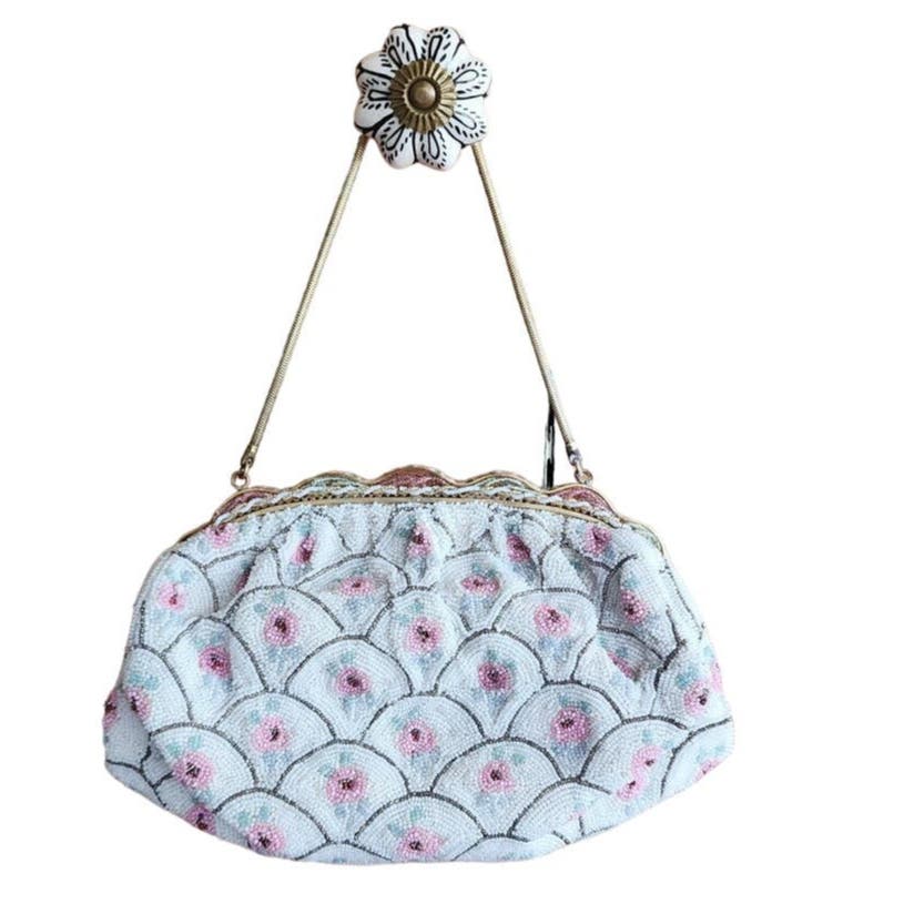 Vintage 50s Beaded Handbag Michel Swiss White Pastel French Purse Microbeading
