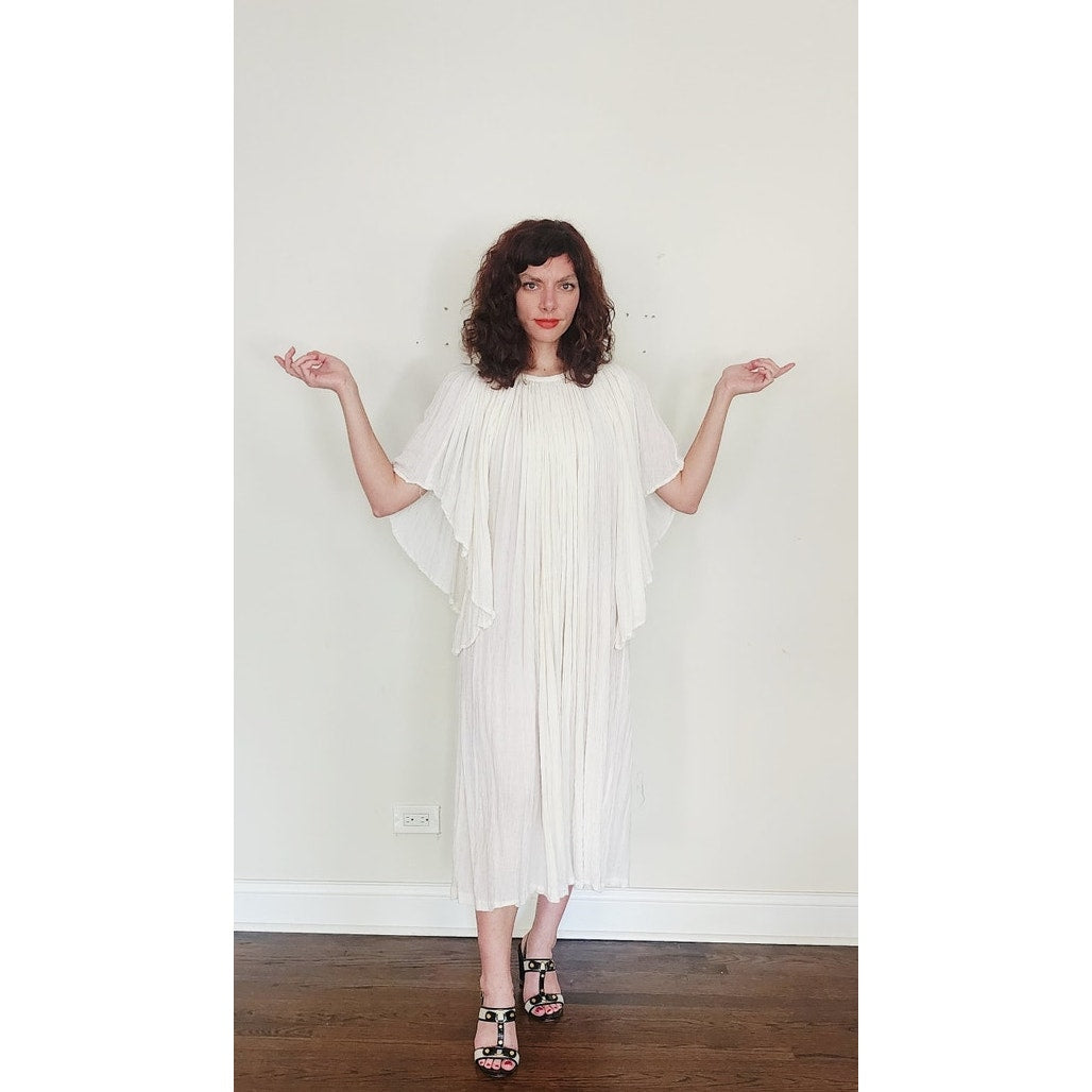 Vintage 1970s Amerikan Climax Tent Dress White Cotton Gauze Angel Butterfly Sleeves