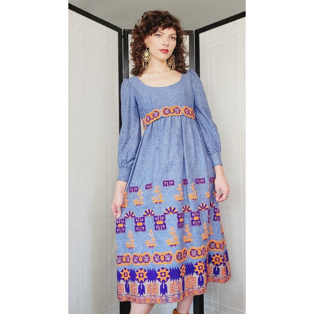 Vintage 70s Embroidered Boho Dress Peasant Style w/Belt Sash Joan Leslie Kasper