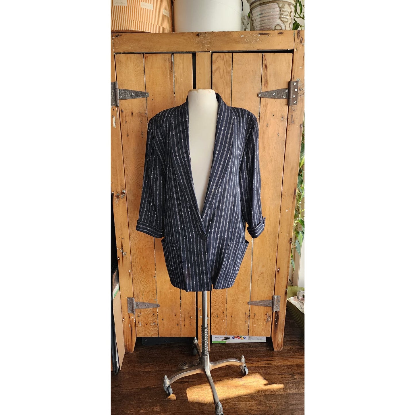 Vintage 80s Blazer Black Pinstripe Print by Mitchell