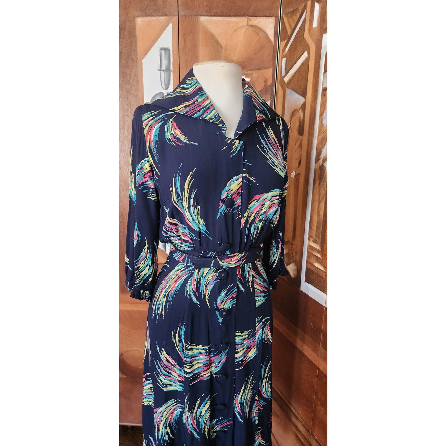 Vintage 40s Rayon Print Midi Dress Navy Blue Painterly Print / S