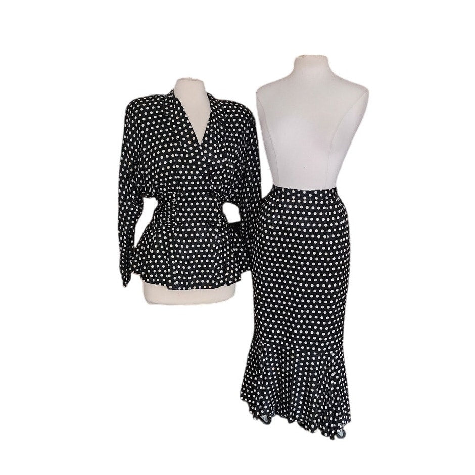 Vintage 80s Saint Romei Neiman Marcus Silk Polka Dot Peplum Jacket Fishtail Skirt Suit Set