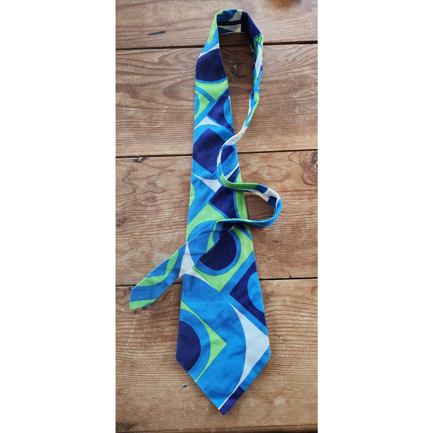 Vintage 60s Mens Wide Tie Bold Geometric Print Psychedelic Blue Green