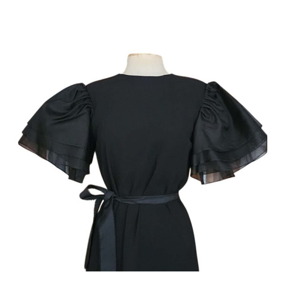 Vintage 1980s Bill Blass Party Dress Black Organza Puffy Sleeve Belted Medium
