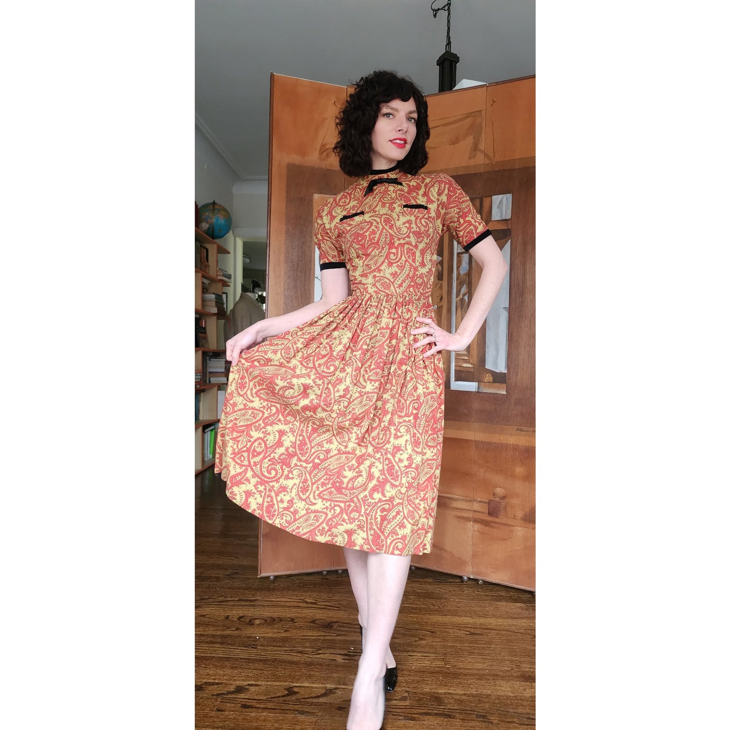 Vintage 50s Orange Paisley Print Midi Dress Carole King Junior Fashions / XS