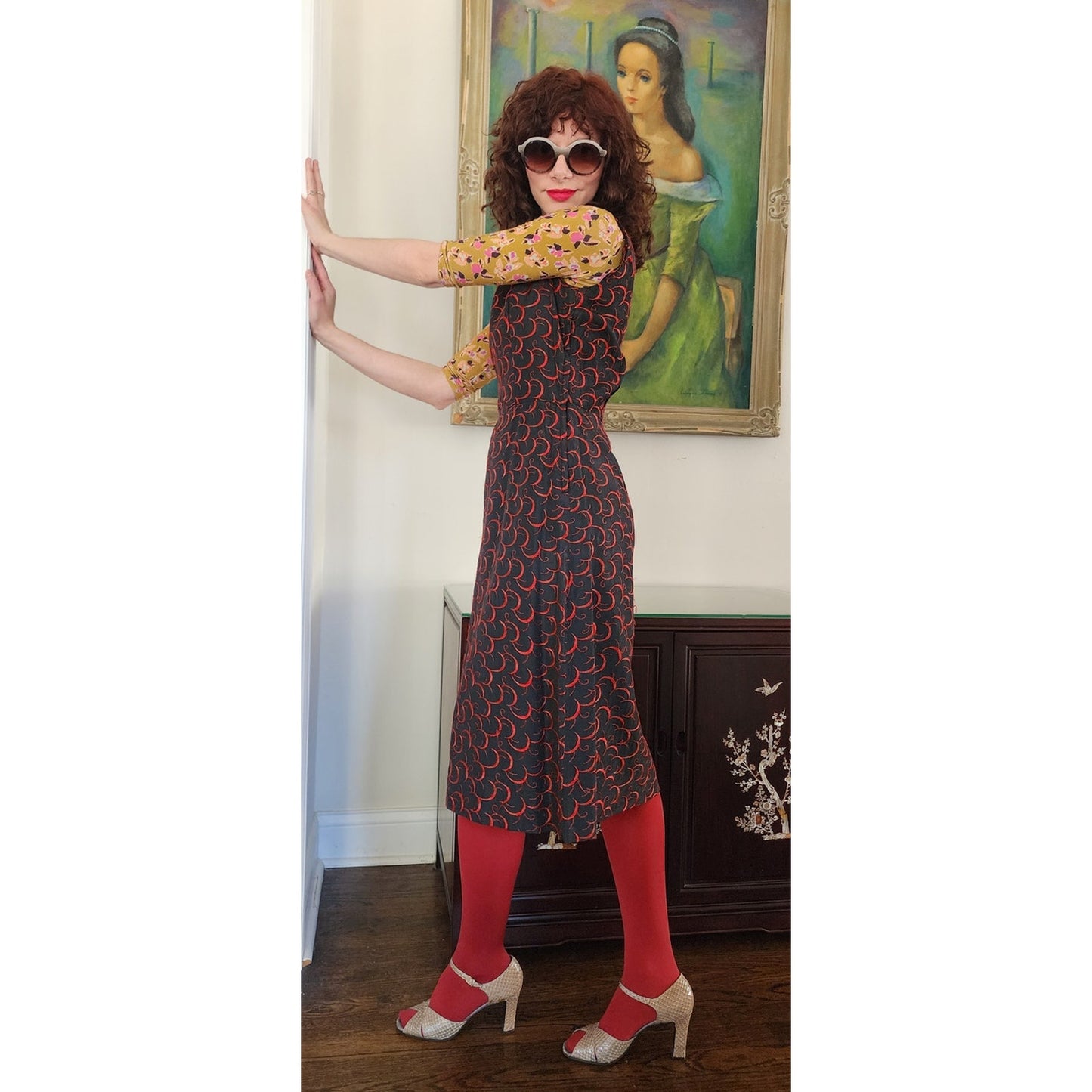 Vintage 1960s Embroidered Dress Red on Black Crescent Moon / Medium