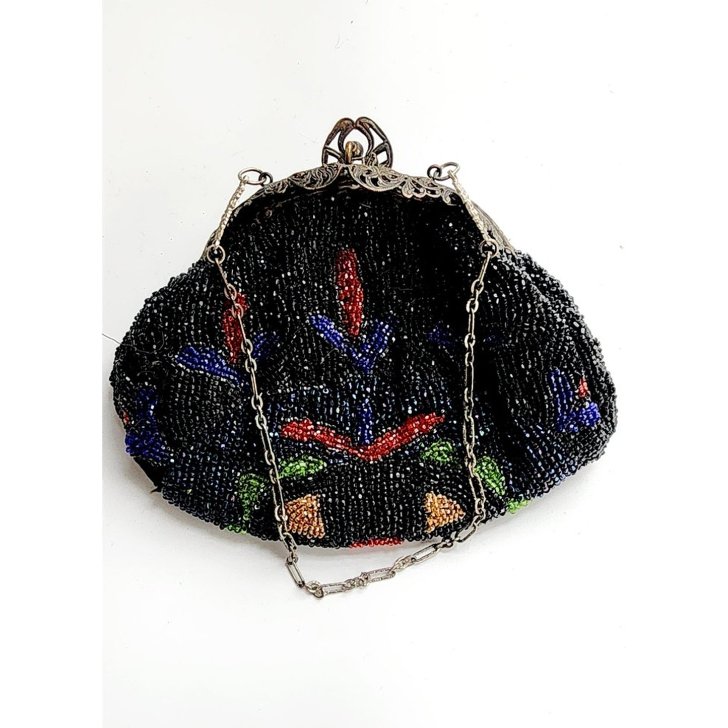Antique Black Beaded Bag Colorful Flowers Ornate Metal Clasp AS IS