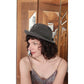 Vintage 70s HALSTON Gray Wool Felt Fedora Hat w/ Feather Wide Brim