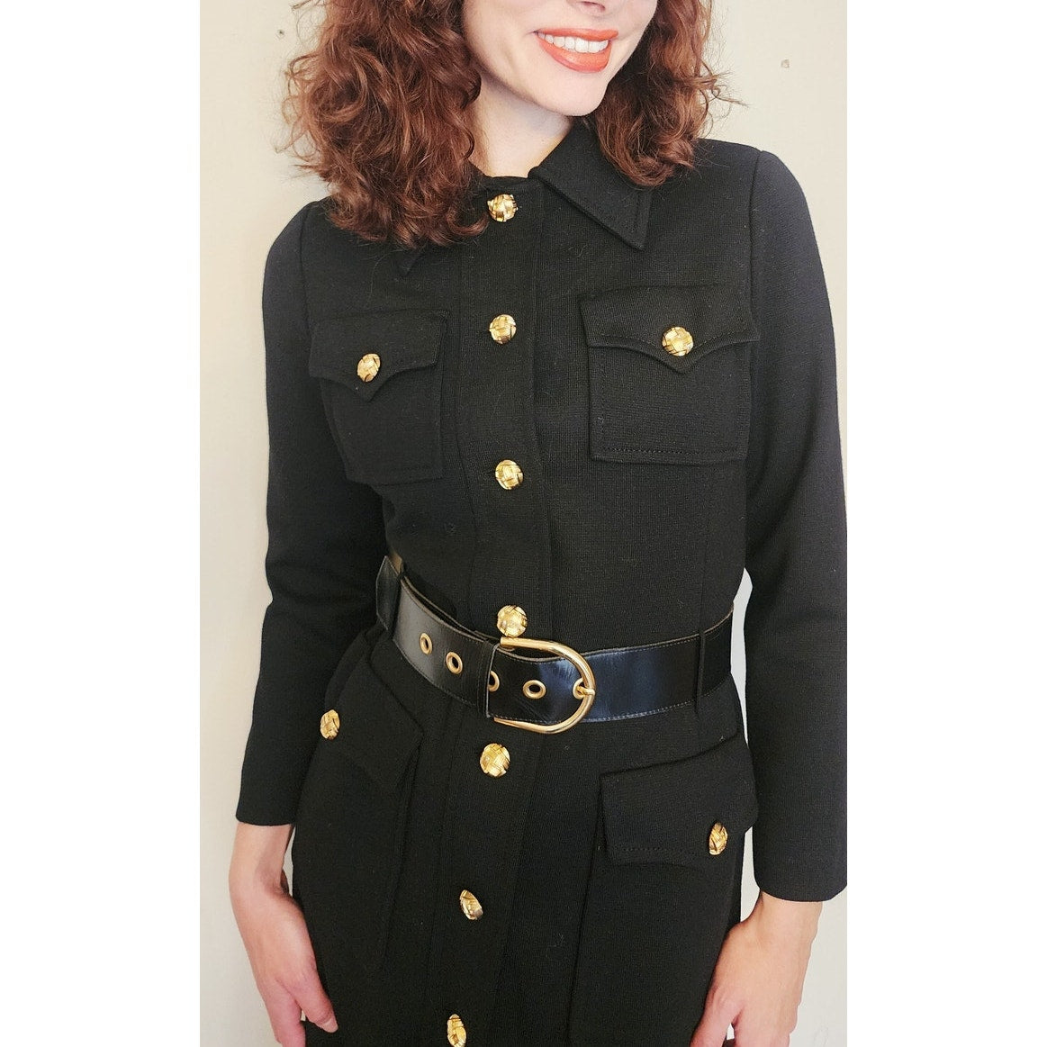Vintage 1960s Dress Black Knit Wool + Gold Buttons, Belted by Gibi Italy