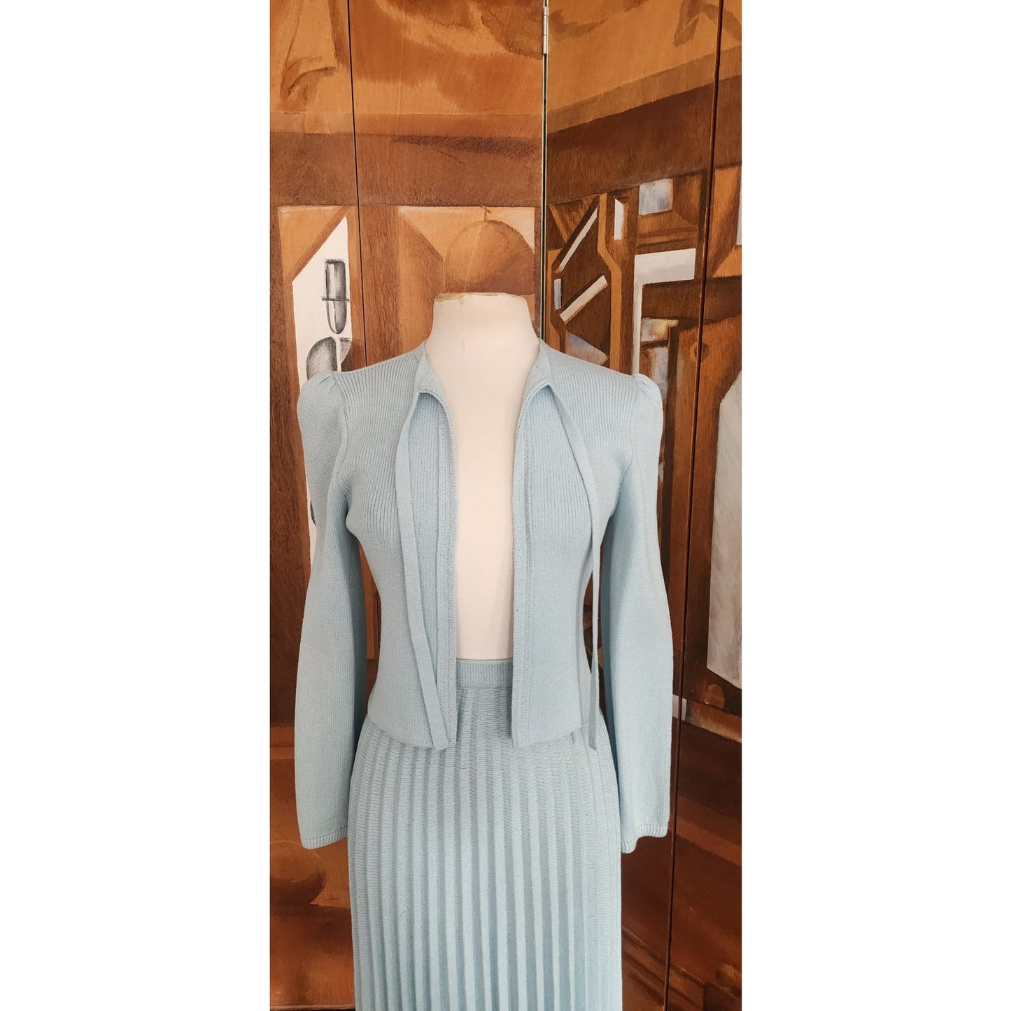 Vintage 70s St John Santana Knit Suit Baby Blue w/Blouse RARE